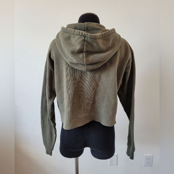 Cropped Hoodie Olive Army Green Cozy Oversized Boxy Cotton Loungewear Medium - Picture 4 of 9